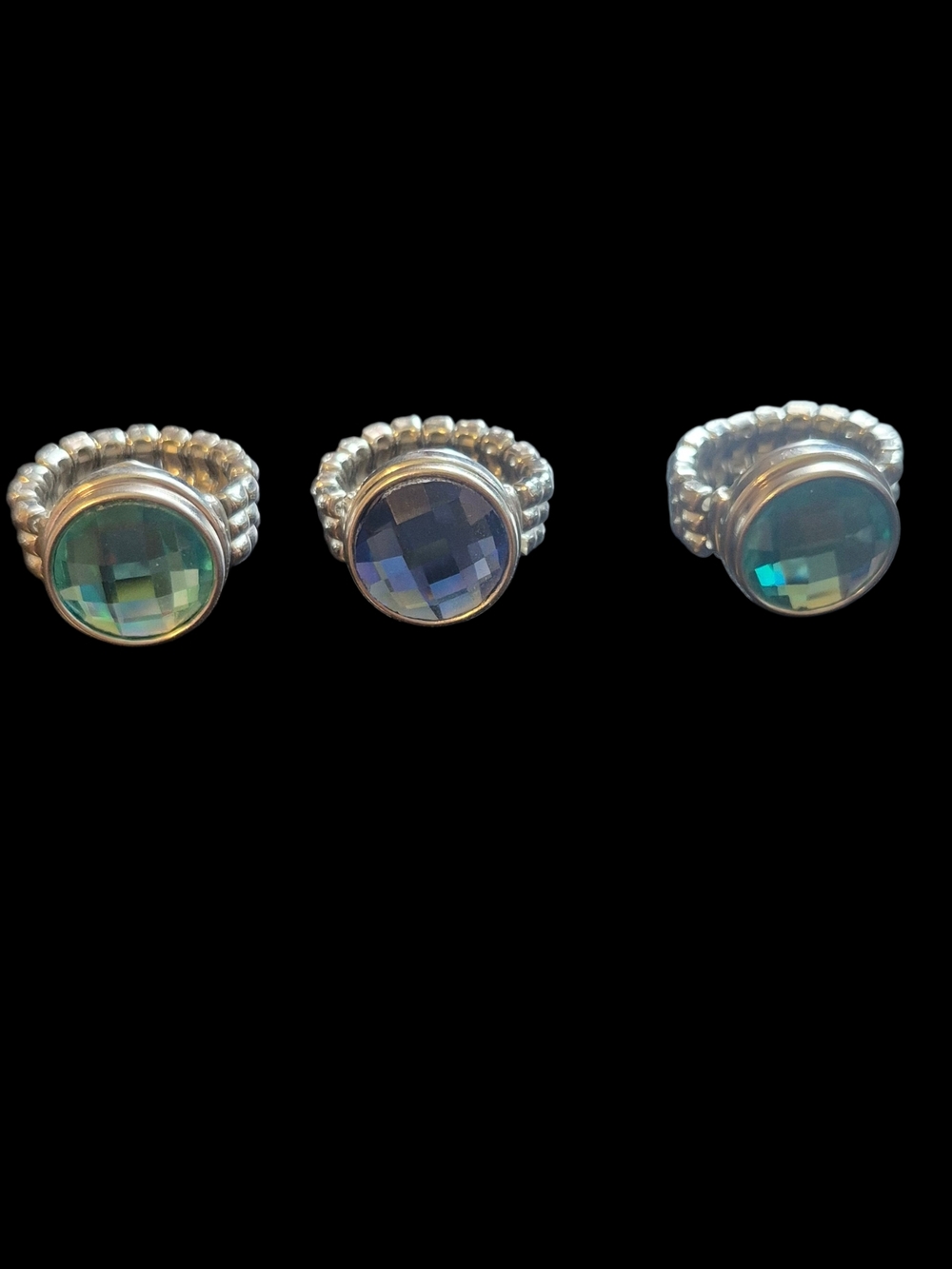 Silver Tone Ring with Blue And Teal Faceted Stone Set Of 3
